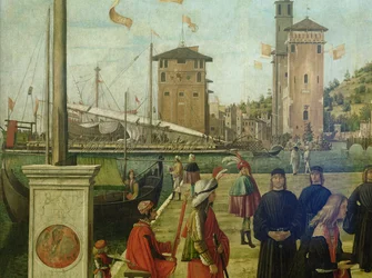 Die Rückkehr der Botschafter, aus dem St. Ursula-Zyklus, 1490-94 (Detail)